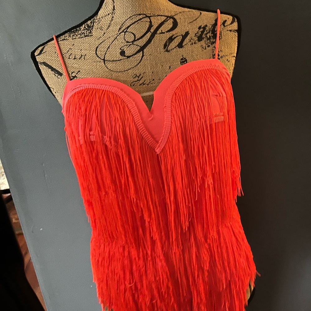 Fringe Spaghetti-Strap Tank Top - Bright Coral